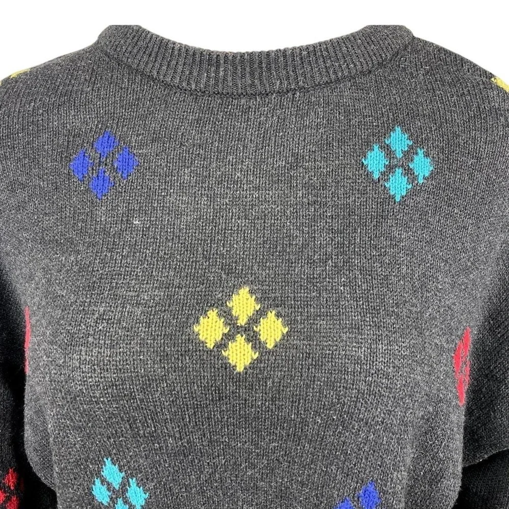 Vintage VALENTINO UOMO Mens Sweater (M) Gray Cotton Diamonds Dad Grandpa 90s Ski